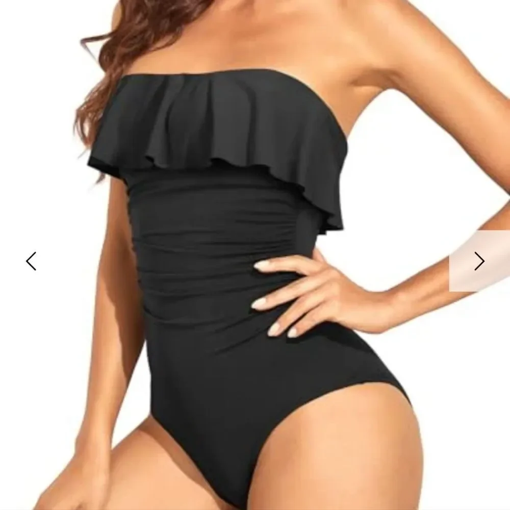 Holipic Elegant Black Ruffle Bandeau Tummy Comtrol One-Piece Swimsuit sz XL